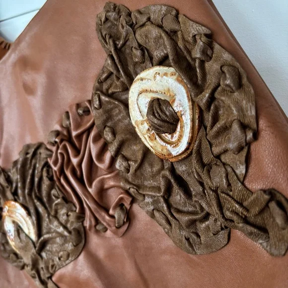 Handmade Vinatge Soft Brown Leather with Ceramic detail Poncho Topper - Picture 5 of 16